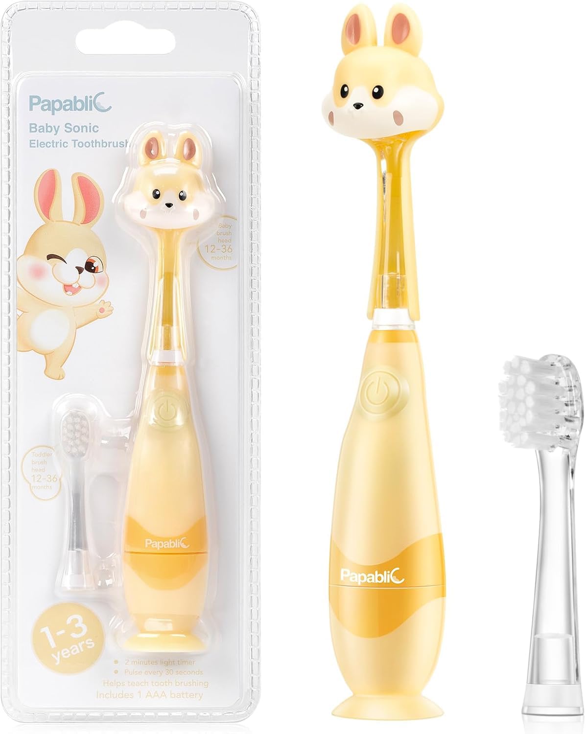 Papablic Toddler Sonic Electric Toothbrush for Ages 1-3 Years, Baby Electric Toothbrush with Cute Rabbit Cover and Smart LED Timer, 2 Brush Heads (Rabbit)-picture-30