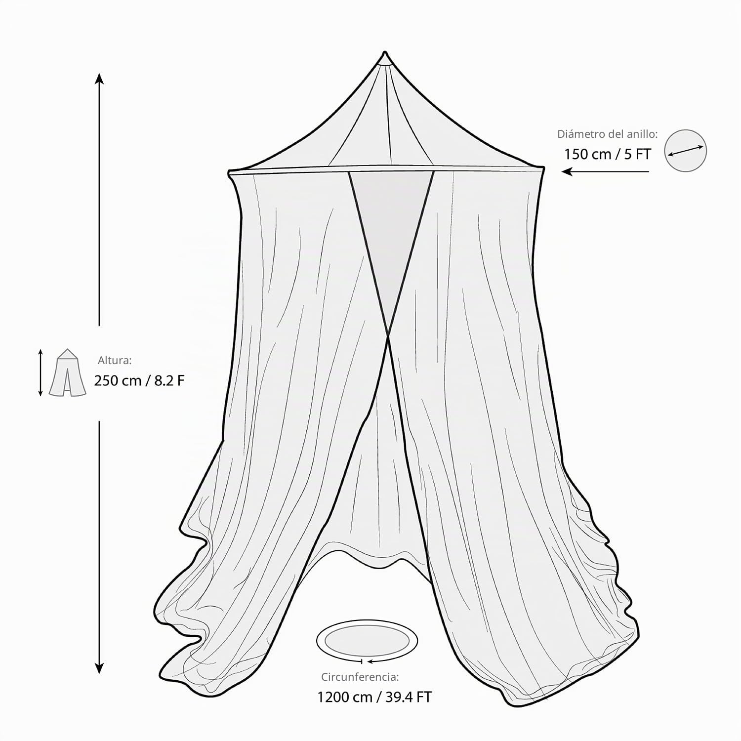Mosquitera para Cama Matrimonio o Exterior para Patio, Ø 1,5M Aro Superior