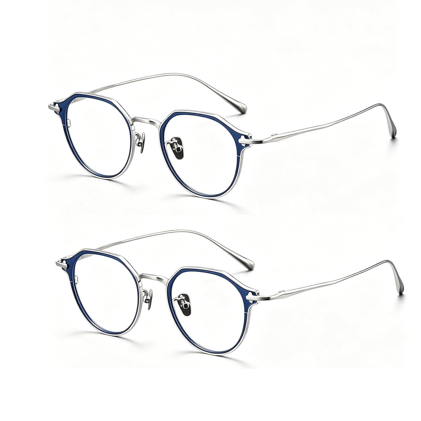 KLJUddGY 2Pcs Eyewear Frames Pure Titanium Spectacles for Computer Irregular Non Prescription Eyeglasses Reading Glasses Vintage Frames(Blue Silver)