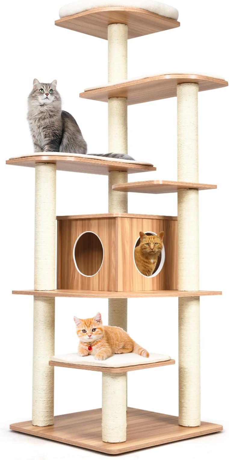 GOPLUS Cat Tree 175 cm High, Climbing Tree with 6 Platforms, Cat Scratching Post with Large Wooden Cave, Play Tree for Cats, Cat Furniture, Cat Trunks (Natural)