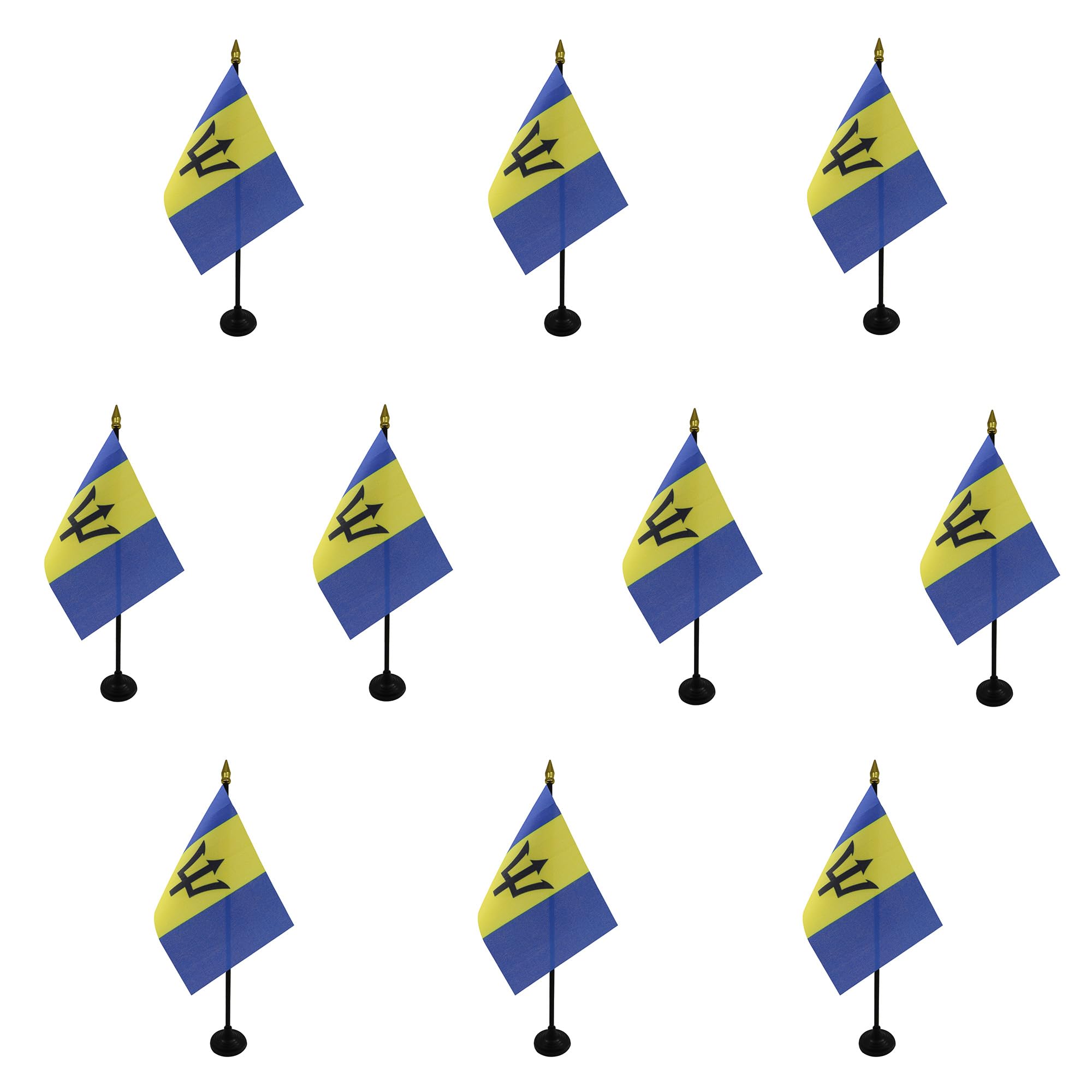 AZ FLAG - Set of 10 Barbados Table Flag 4'' x 6'' - 10 Small Barbadian Mini Desk Flags 100% Polyester 15 x 10 cm - Office Flag with 10'' Pole - Golden Spear