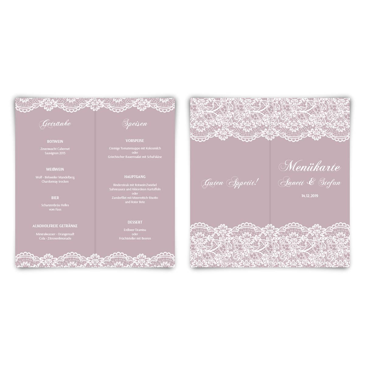60 x Hochzeit Menükarten individuell mit Speisen und Getränken DIN Lang Klappkarten - Spitze in Lila