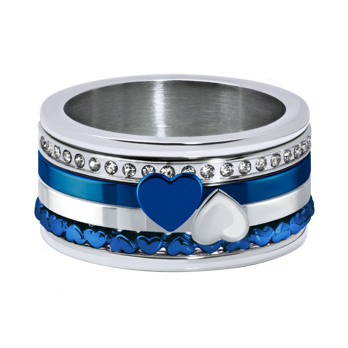 Quiges Argent Bleu Acier Inoxydable Oxyde de Zirconium Multicolore Combinaison Combinee Bague Solitaire Empilage avec 4 Anneaux Intérieurs et 1 Bague de Base Lot Set