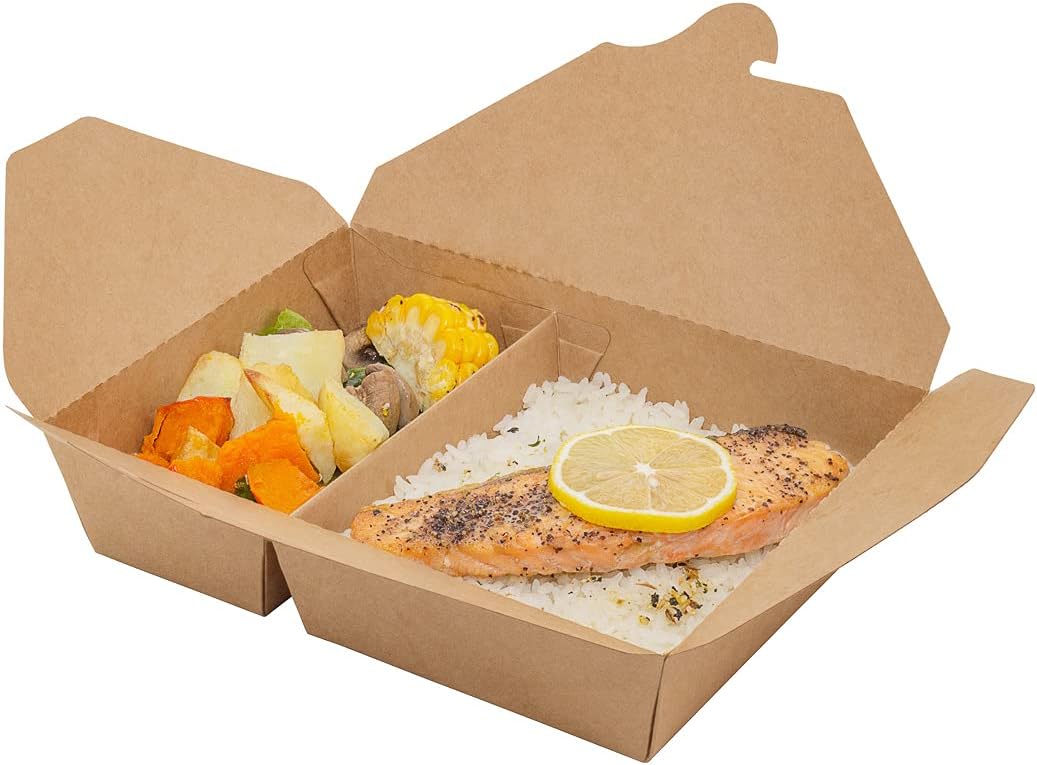 Restaurantware Bio Tek 50 Ounce Paper Take Out Containers 200 2-Compartment Kraft Take Out Boxes - Greaseproof Tab-Lock Closure Kraft Paper To Go Paper Boxes Sturdy Safe For Hot Or Cold Foods