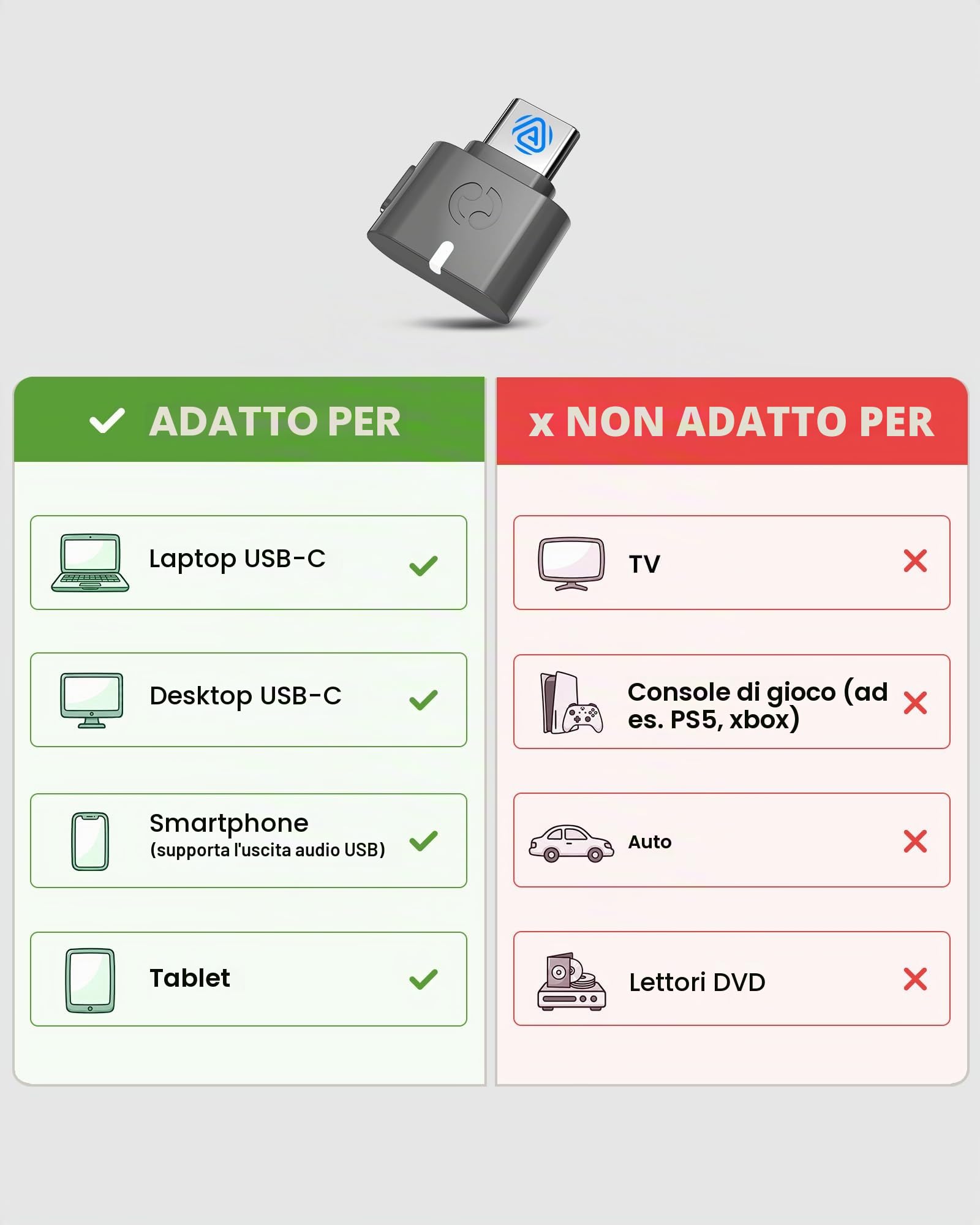 Avantree C82 Aura – Trasmettitore Audio Auracast con Modalità Privata e Pubblica, Trasmette a Più Dispositivi Auracast, Bluetooth 5.4 Qualcomm, Aggiornabile, Adattatore USB-C per PC, Mac e Telefoni