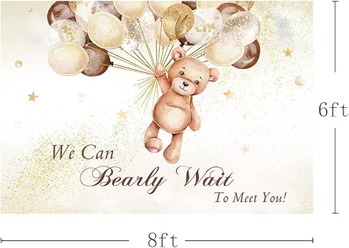 Miniatura 2 de MEHOFOND Telón de fondo para baby shower con texto en inglés "We Can Bearly Wait to Meet You", globos marrones con purpurina dorada, fondo de