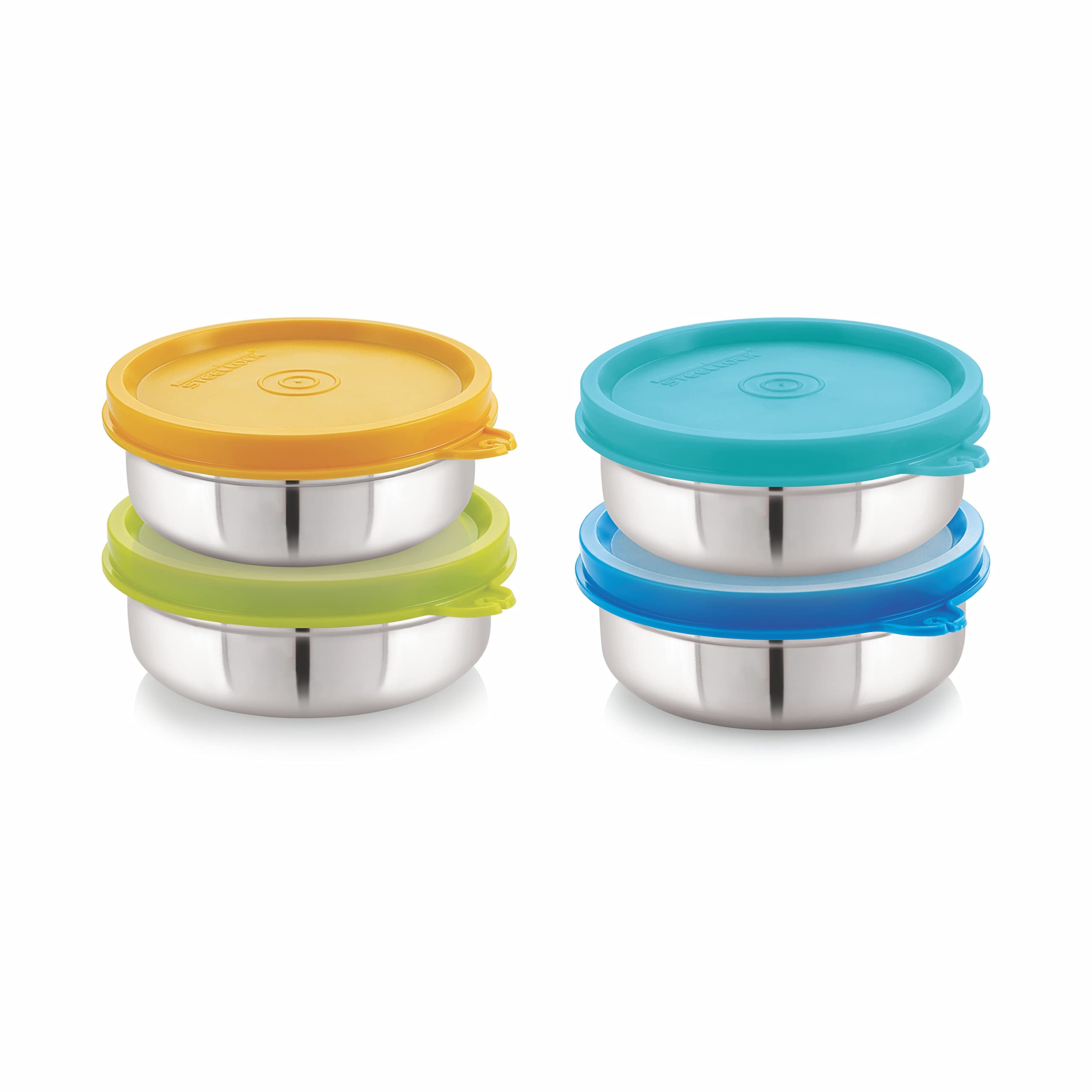 STEELLOCK Flex Stainless Steel Slim Containers – 4 pcs x 200ml Airtight Leakproof Food Storage Containers with Lids – Multicolor (Yellow Blue Green Turquoise)