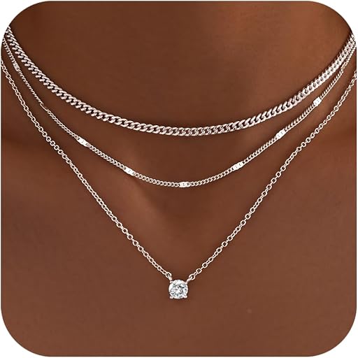 WomenGifts Layered Gold Necklaces for Women, 14K Gold Sterling Silver Plated Dainty Pendant Necklace Set Non Tarnish, Chunky Stackable Cuban Chain Choker, Trendy Personalized Birthstone Jewelry Gift for Mom