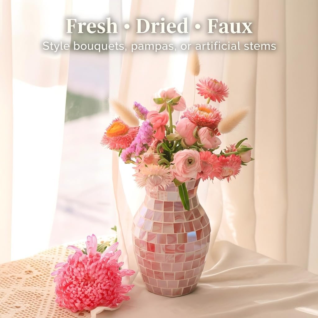 Pink Mosaic Glass Vase, 8 Inch Handmade Flower Vase for Home Decor, Modern Decorative Glass Vase for Table Centerpiece, Shelf, Bookshelf, Living Room, Dining Table, Wedding Decoration