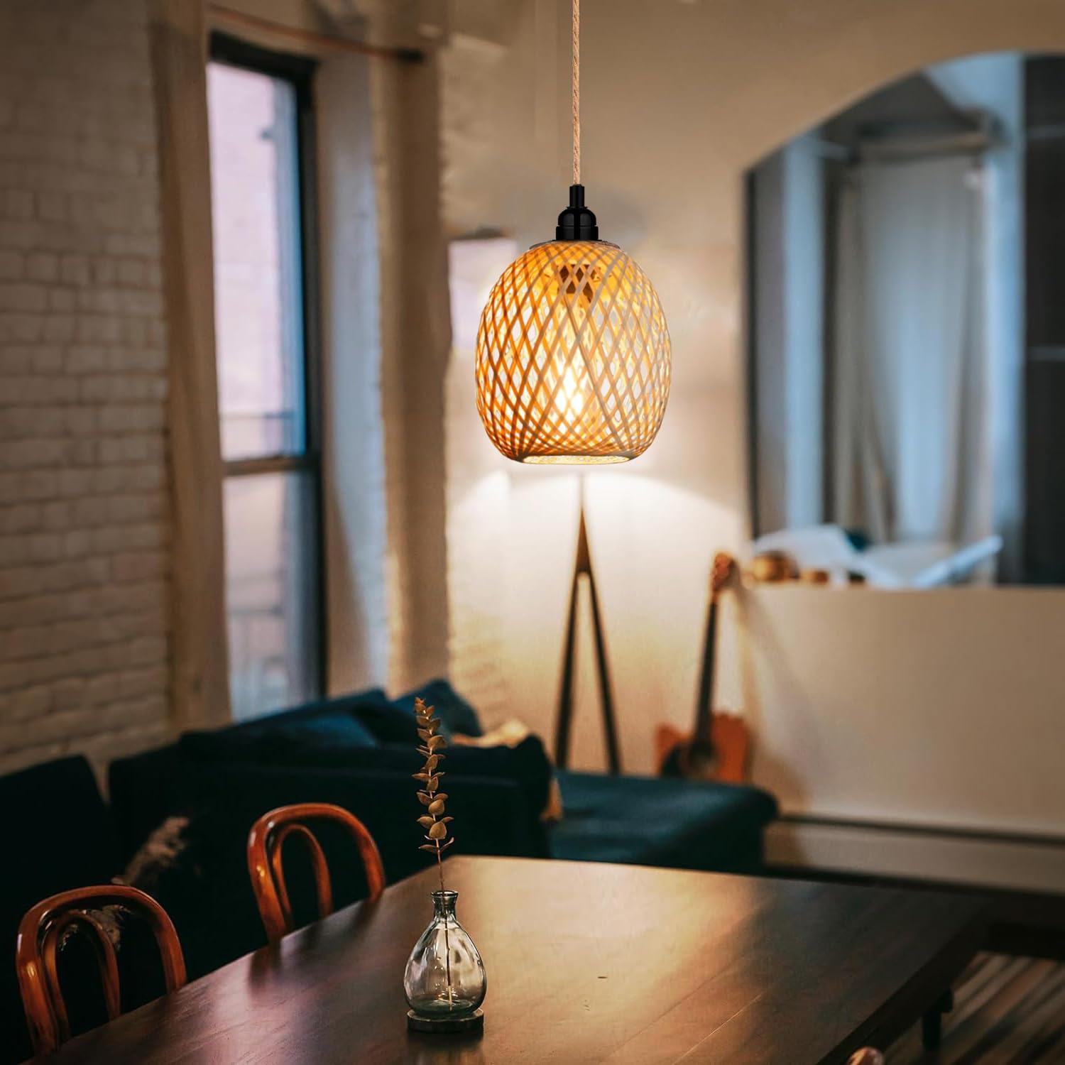 Hängelampe Lampenschirm mit Stecker Outdoor Lampe Hängend Boho Rattan Deckenlampe Hängeleuchte Bambus Deko Deckenleuchte Esstisch Lampen Hängelampen Pendelleuchte 4,5M Kabel für Schlafzimmer