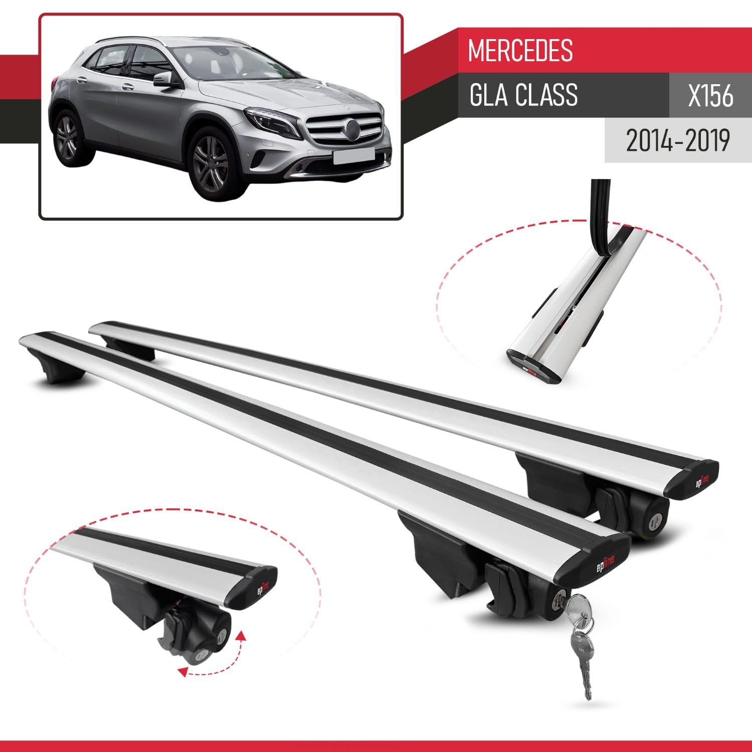 Compatible con Mercedes GLA Class (X156) 2014-2019 Modelo Hook Barra de Techo Auto Portaequipajes Barras Transversales Gris Aluminio 2 Barras