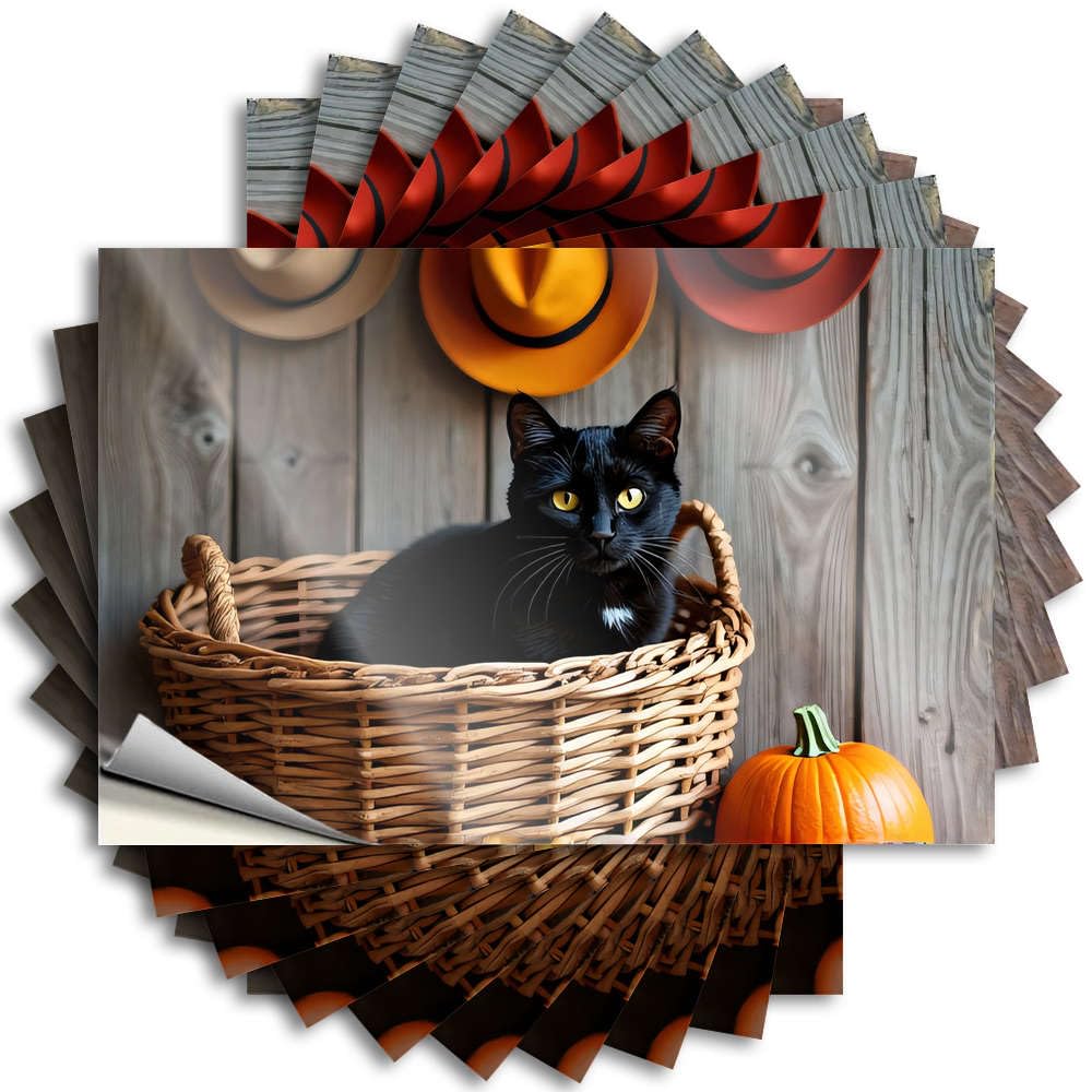 Black Cat in Basket with Autumn Decorations Decal Farmhouse Porch Decor | Retro Helmet Removable Decal Pack(6X9CM)