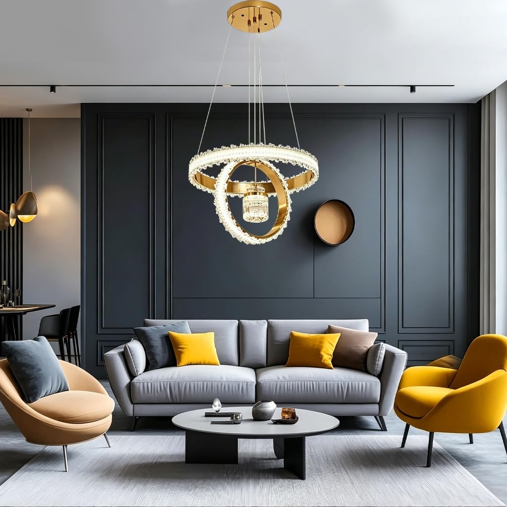 Lampa Kryształowa Nowoczesna Lampa Wisząca LED O Dwupierścieniowym Wzorze Regulowana Wysokością 50 Cm Oświetlenie Ściemnialne W Trzech Kolorach Odpowiednia Do Salonu Jadalni I Sypialni