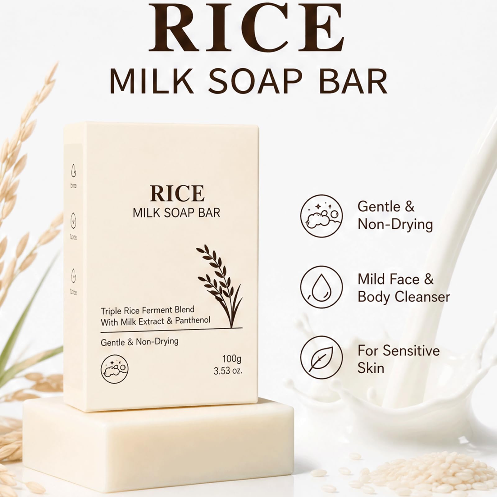 Barre de savon au lait de riz - barre hydratante naturelle pour le visage et le corps, barre de savon hydratante pour les peaux sensibles, barre de lavage doux pour le visage pour femmes (5PCS)