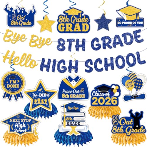 8th Grade Graduation Decorations Glitter Bye Bye 8th Grade Hello High School Decorations Banner Blue Gold Class of 2026 Middle School Graduation Decorations Hanging Swirls and Honeycomb Centerpieces