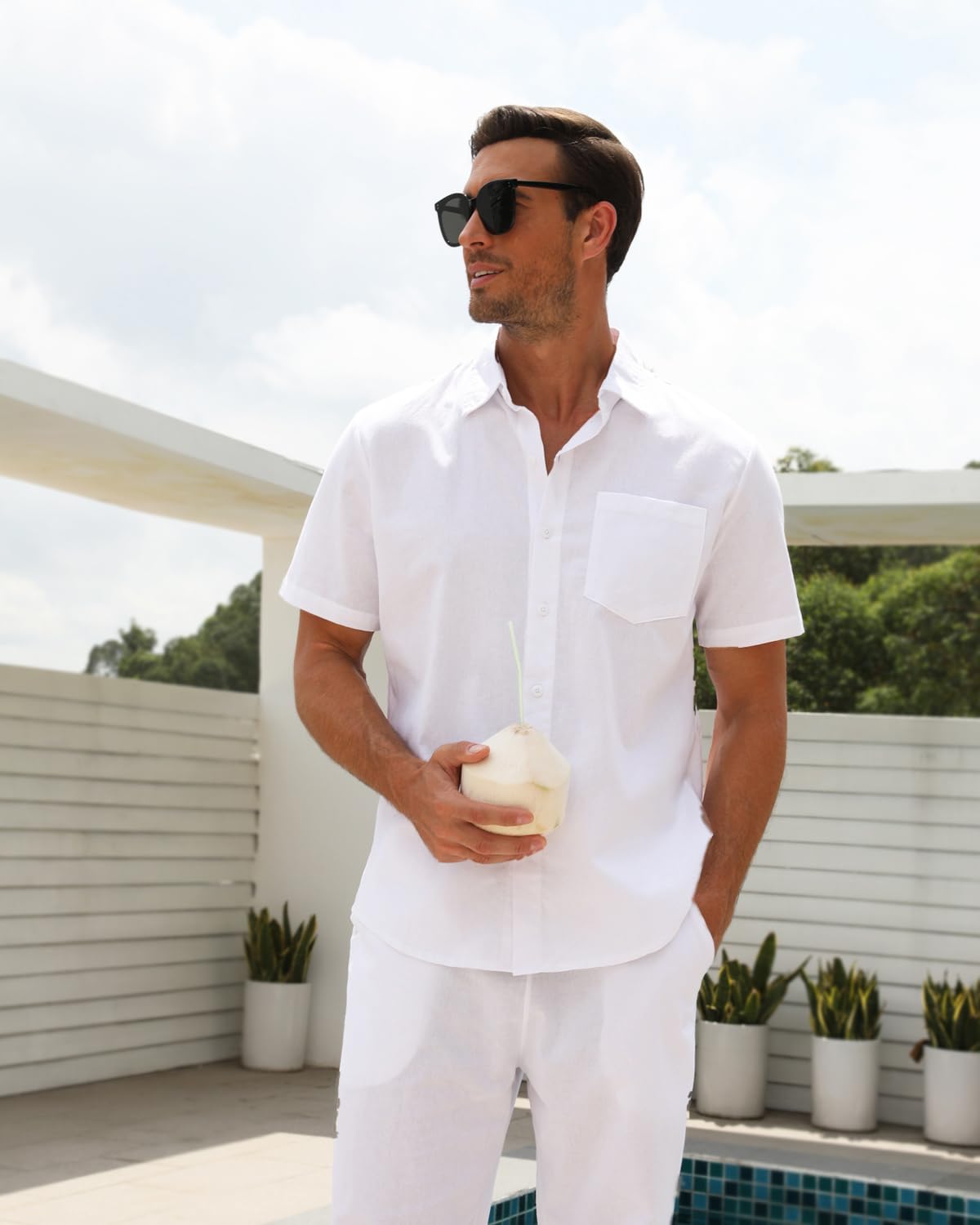 Ensemble 2 pièces en lin pour homme - Vêtements de plage et de mariage - Chemises boutonnées décontractées - Pantalon de yoga - Costume d'été assorti