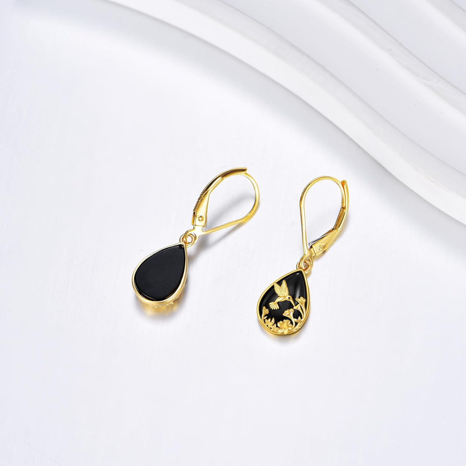 KECHO 14K Real Gold Black Crystal Earrings Dangle Drop Dangling Earrings Solid Yellow Gold Jewelry Gifts for Women