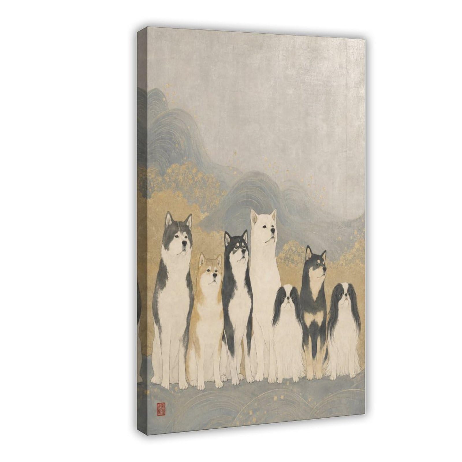 H3b8u2y5 Frame-Style-22 Shiba Inu Group Canvas Wall Art, Minimal Animal Portrait Dorm Room