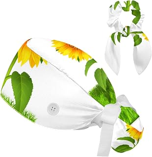 FVQL 2 Pieces Surgical Cap for Long Hair Scrub Cap with Hairband Nurse Cap, Plant Sunflowers
