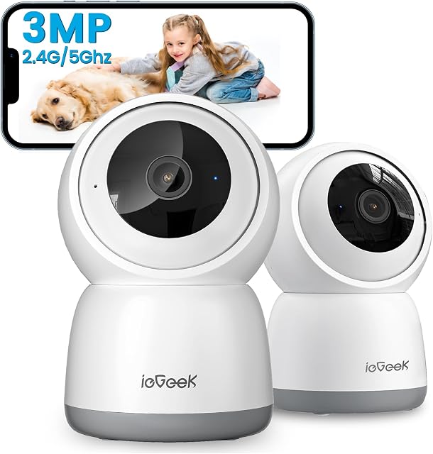 ieGeek 2K Indoor Security Camera, 5G/2.4G WiFi Pet Cameras for Home Security, 360° Dog Cam w/Auto Tracking, Smart Motion Detection, Phone App, Baby Monitor, 3MP Night Vision, Works with Alexa(2 Pack)