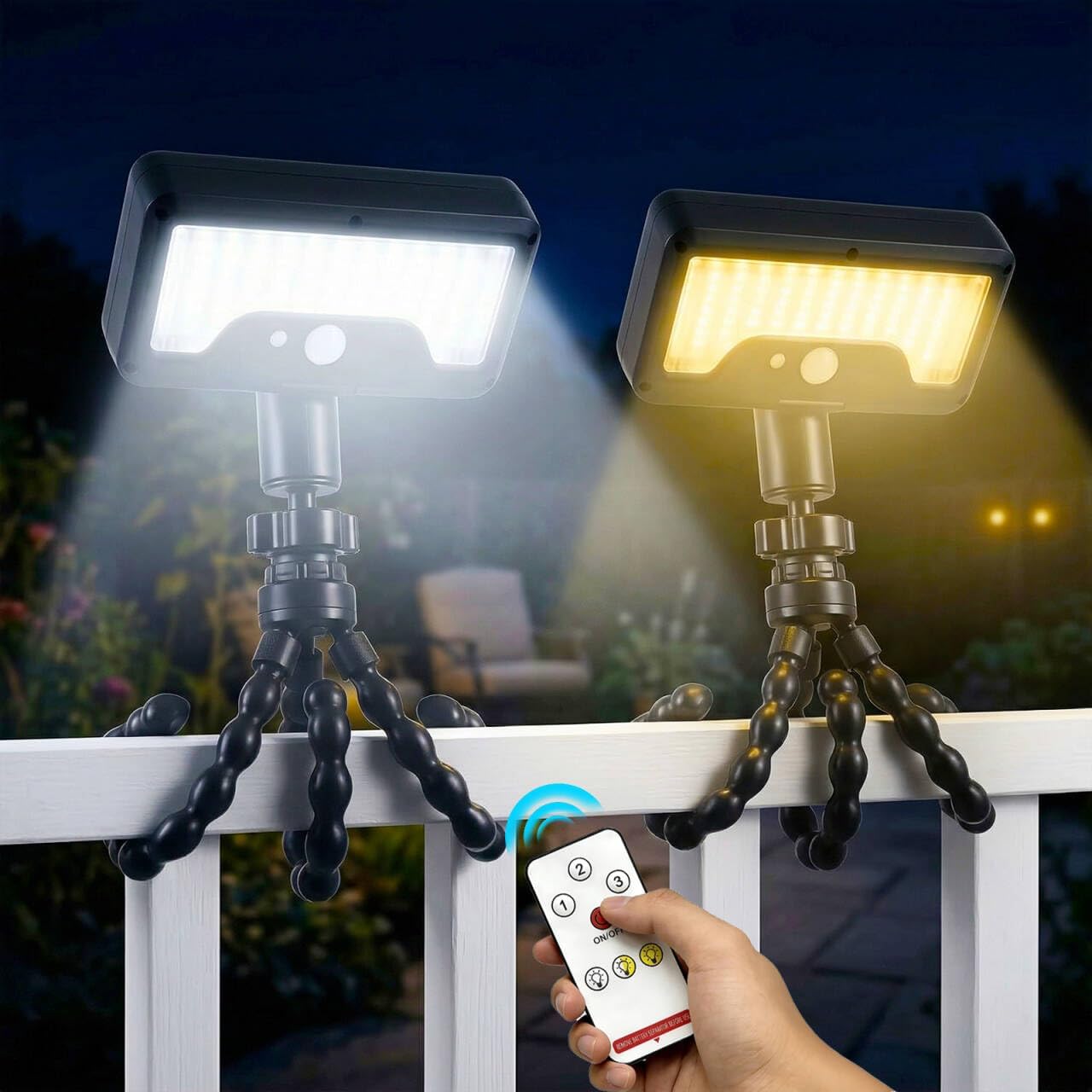 Solar Motion Lights Outdoor with Flexible Octopus Tripod, 3 Modes Solar Fence Lights Outdoor with 92 LEDs, 3CCT, Dual Charging, IP65 Waterproof Sercurity Lights for Fence, Deck, Gutter(2 Pack, Black)