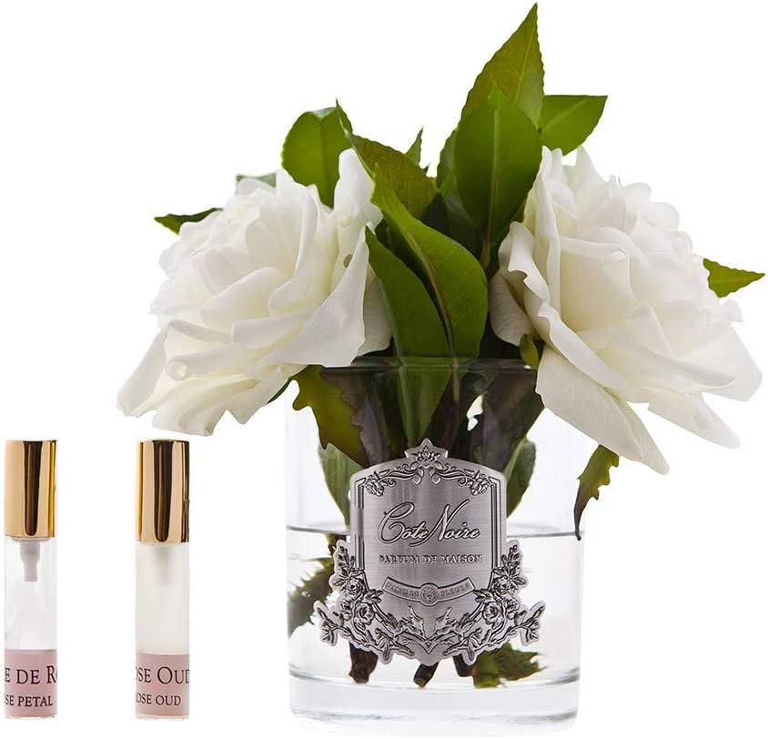Cote Noire Scented Floral Display English Roses Ivory in Clear Glass Vase