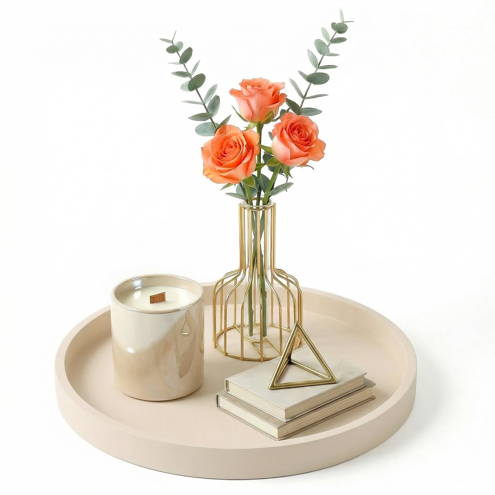 Round Beige Silicone Decorative Bathroom Vanity Tray 23cm, Counter Tray for Bathroom Countertop Perfume Holder Dresser Organizer Coffee Table Candle, Non-Slip Durable for Home Use - 1