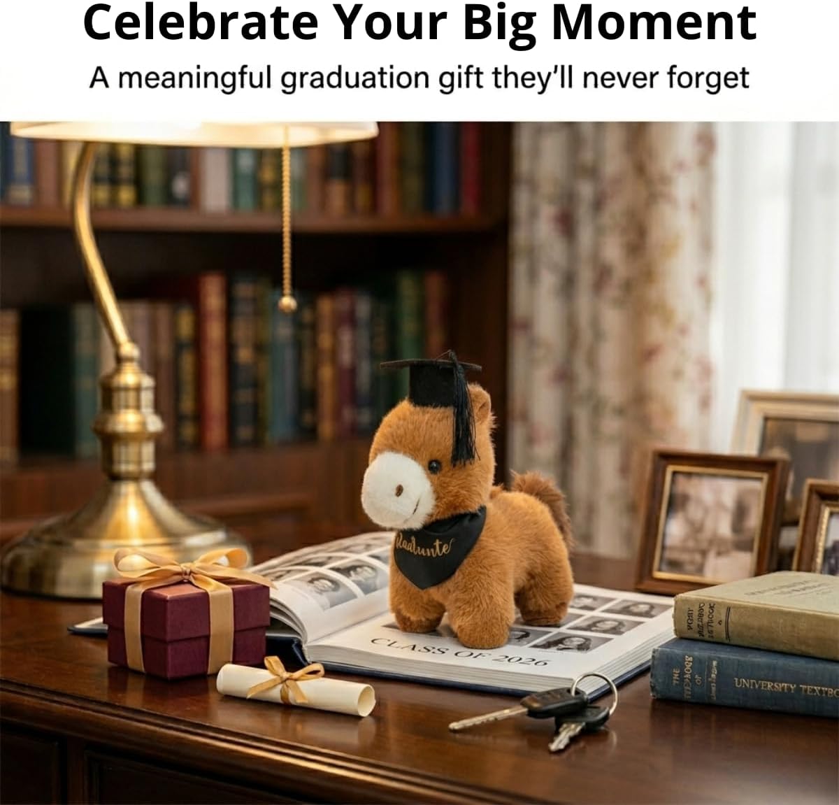 2026 Graduation Horse Plush Mascot Ornament with Doctoral Cap & Bandana, Scholarly Success Pony Animal Statue, Congrats Graduate Gift (Khaki) image 3
