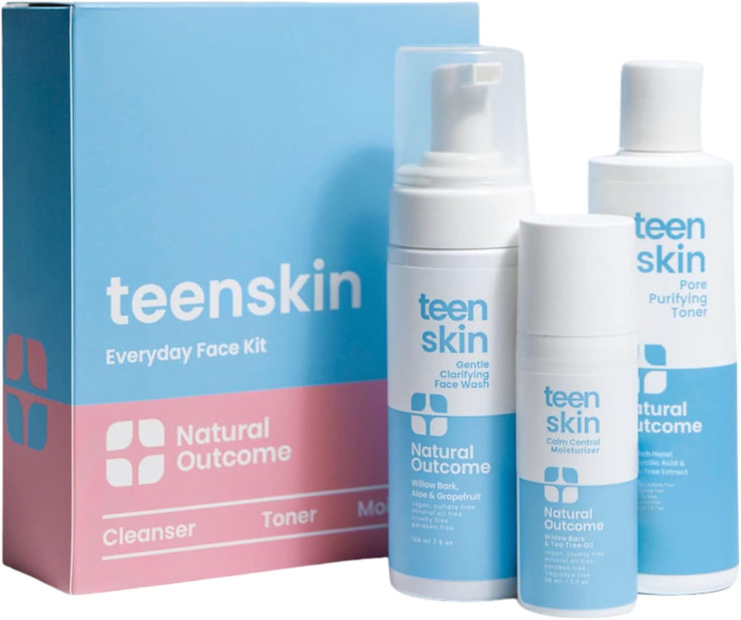 Natural Outcome Teen Skin 3-Step Skin Care Kit | Daily Boys & Girls Skin Care Regimen | Face Wash, Toner, & Moisturizer | Perfect for Teens Preteens & Kids Looking to Prevent Acne | 3 Pc