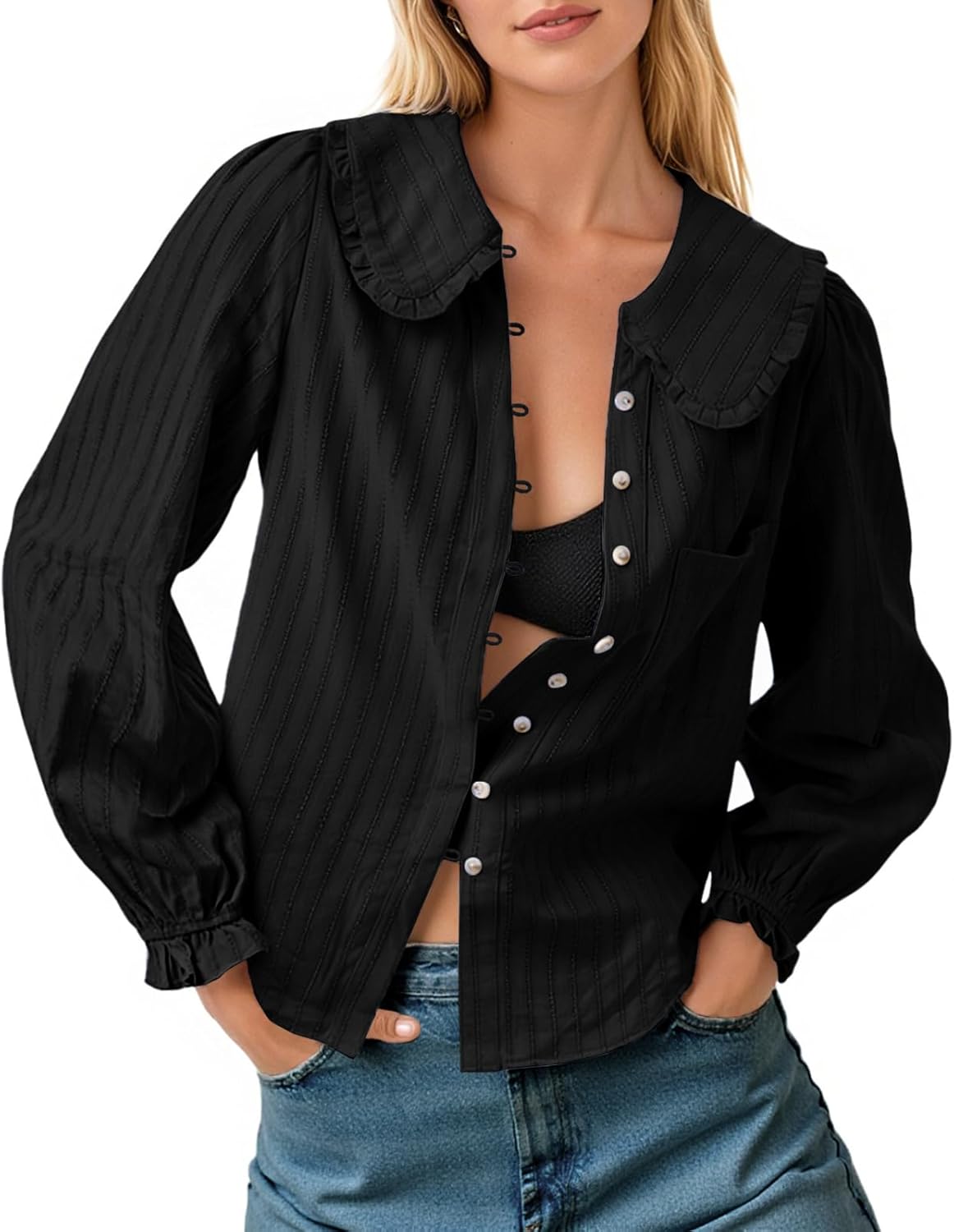 Tankaneo Womens Peter Pan Collar Shirts Puff Long Sleeve Button Down Cotton Blouse Casual Fall Textured Tops