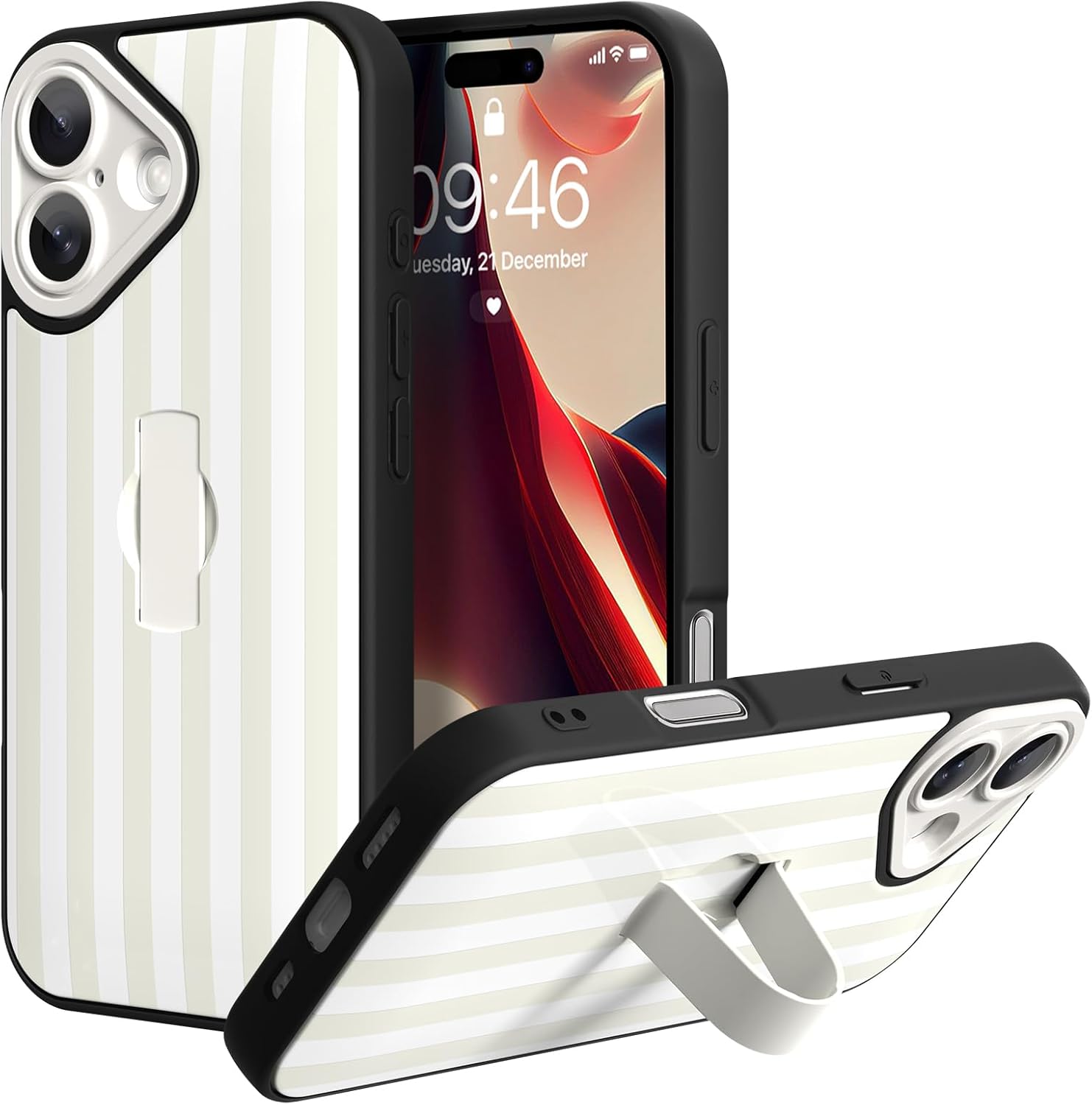 KANGHAR Compatible with iPhone 17 Case White Stripes Pattern Finger Stand Design Full Body Rugged Shockproof Protection Glossy Protective Kickstand Phone Cover 6.1 Inch