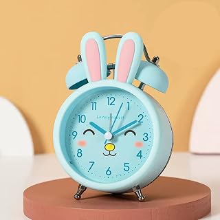 HLRTBCN Despertadora niños Lindo Reloj Despertador de Conejo silencioso Reloj Nocturno Reloj de Viaje de luz Nocturno, Despertador de cabecera con batería (Azul) Aqiong
