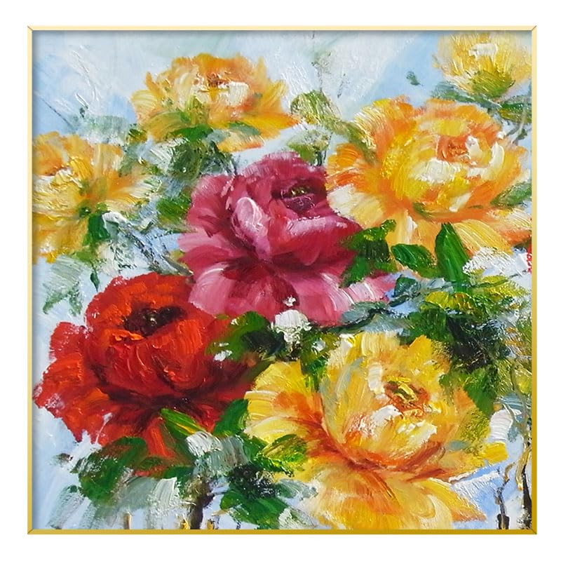 Tableau peinture huile sur toile pivoine jaune moderne art mural grand format sans cadre B