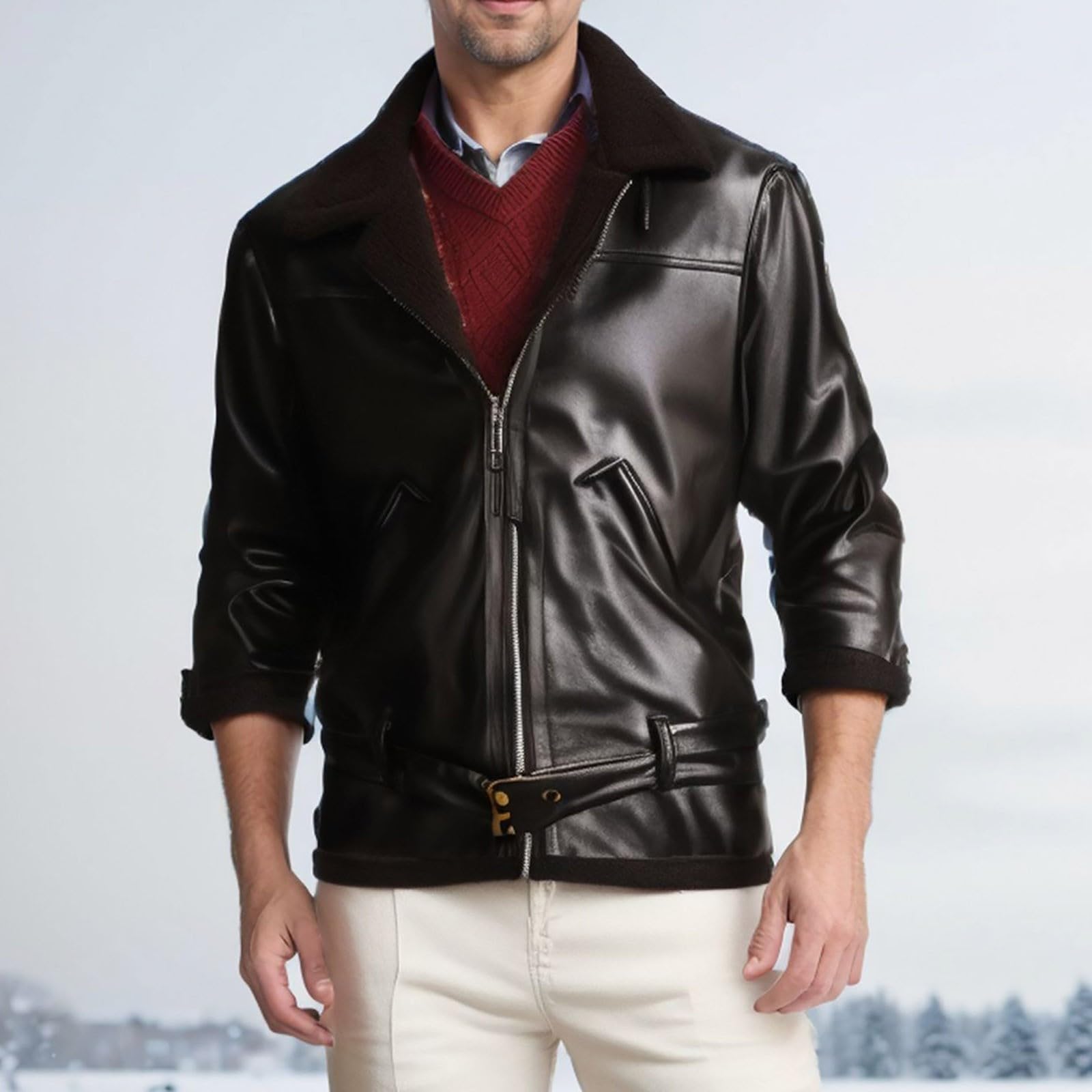 Generisch Giacca da aviatore, da uomo, in pelle, con chiusura lampo, calda, giacca softshell in pelle, giacca invernale gotic punk, giacca da pilota, giacca in pelle scamosciata
