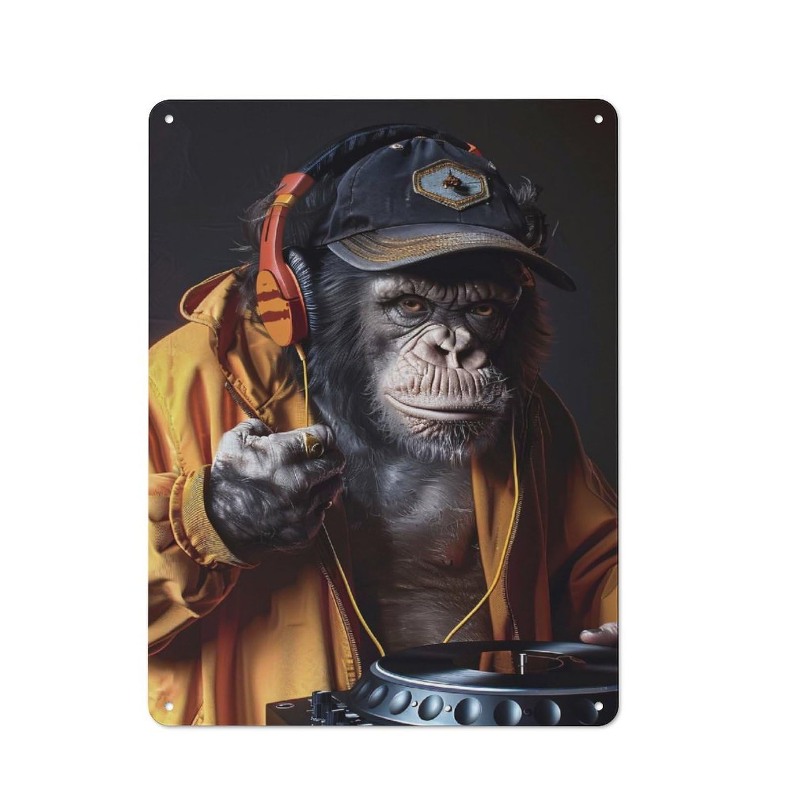 Junmoney Style-17 Rustic Chimpanzee Dj With Headphones And Turntable Tin Wall Plaque 40X30cm, Rustic Kitchen Decor For Cottage, Kitchen, Hallway Or Breakfast Nook