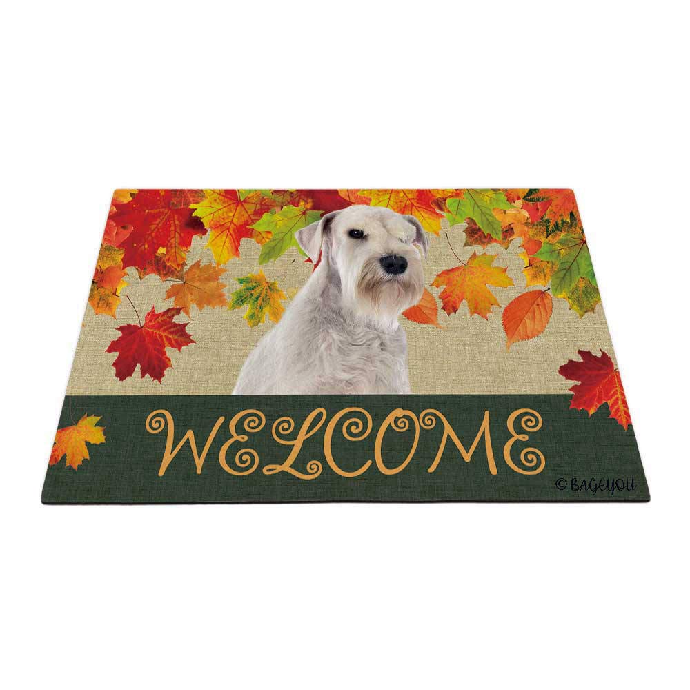 BAGEYOU Welcome Fall with My Favorite Dog White Miniature Schnauzer Outdoor Doormat Maple Leaf Harvest Season Rustic Decor Porch Rugs Floor Mat 27.5" x 17.7"