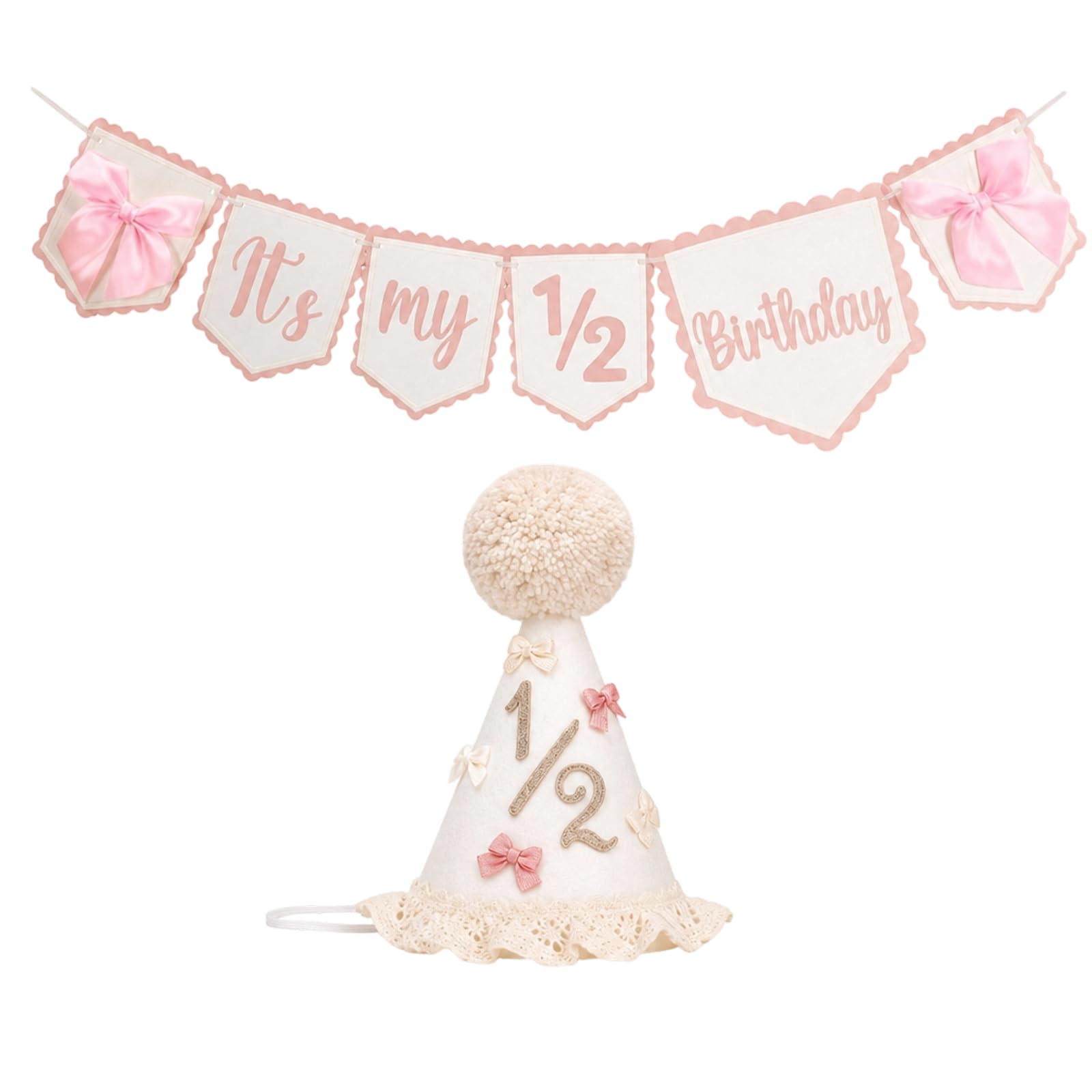 QhgPnt Half Way to One Birthday, 1/2 Birthday Hat, 6 Months Birthday Decorations for Baby Celebrations, Pink Party Hat with Flag Banner for Half Birthday, Photo Props for Family Gatherings