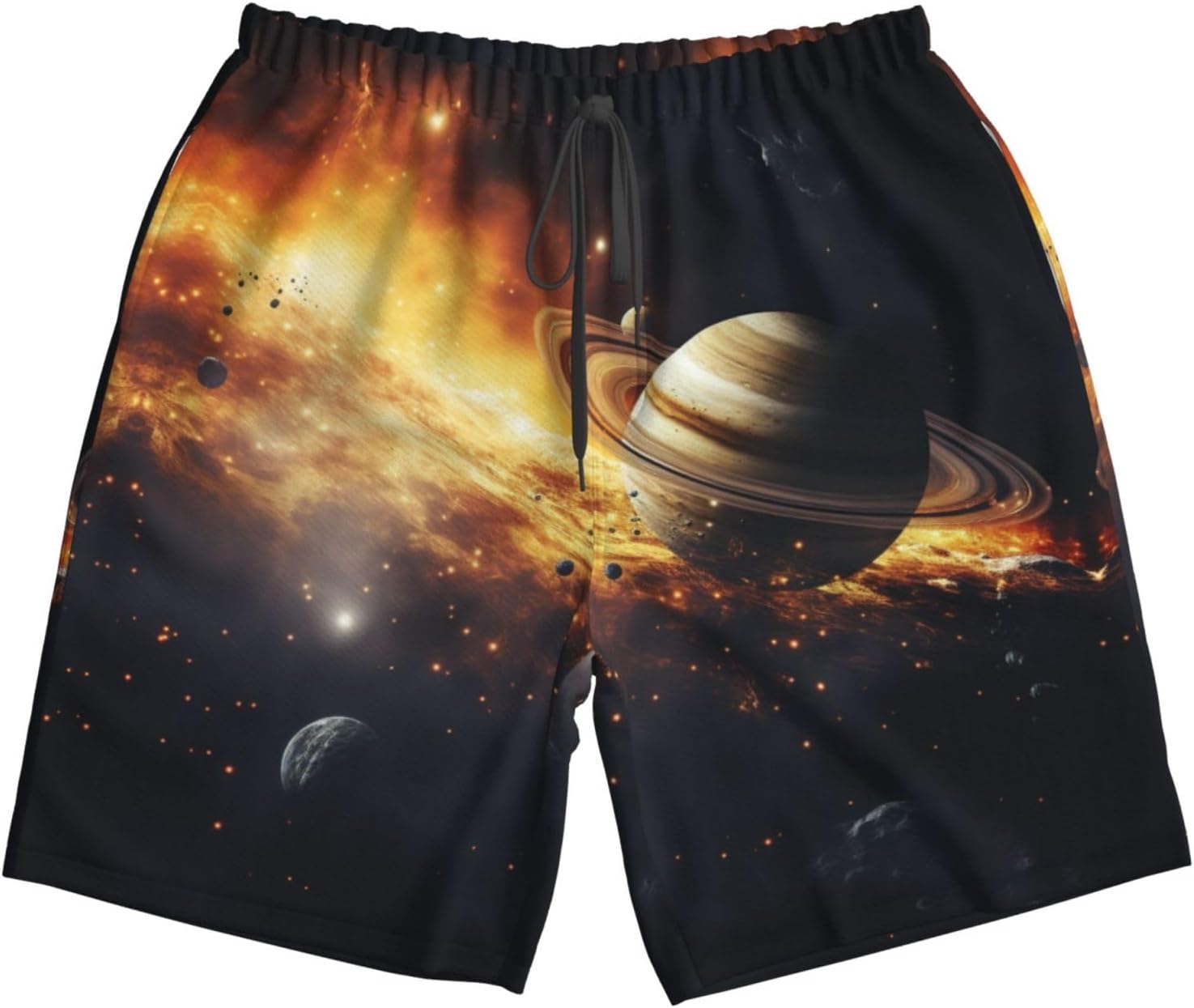 Solar System Jupiter Saturn Print Mens Casual Shorts Drawstring Summer Beach Stretch Shorts Novelty Swimtrunks White