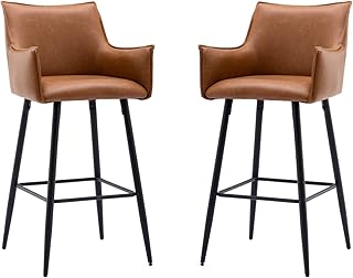 Wahson Bar stools Set of 2 with PU Soft Cushion, Bar Chairs Breakfast Counter Vintage Kitchen Chairs Metal Legs Barstools Black High Stools with Backrests, Brown