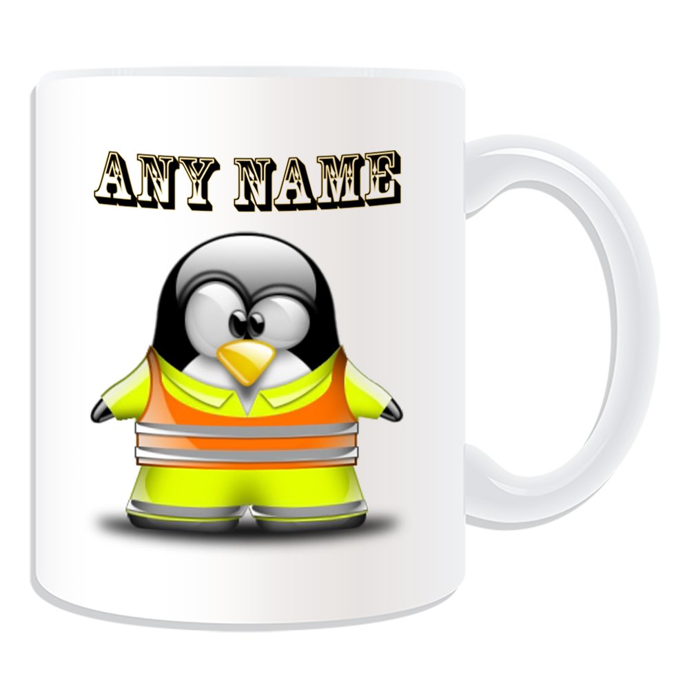 Personalised Gift - Worker in Hi Vis Jacket Mug (Penguin in Costume Design Theme, White) - Any Name/Message on Your Unique - Yellow High Visibility