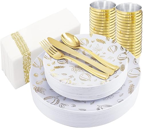Supernal Juego de vajilla de plástico dorado de 175 piezas, paquete de fiesta de agradecimiento, platos dorados de plástico, diseño de patrón