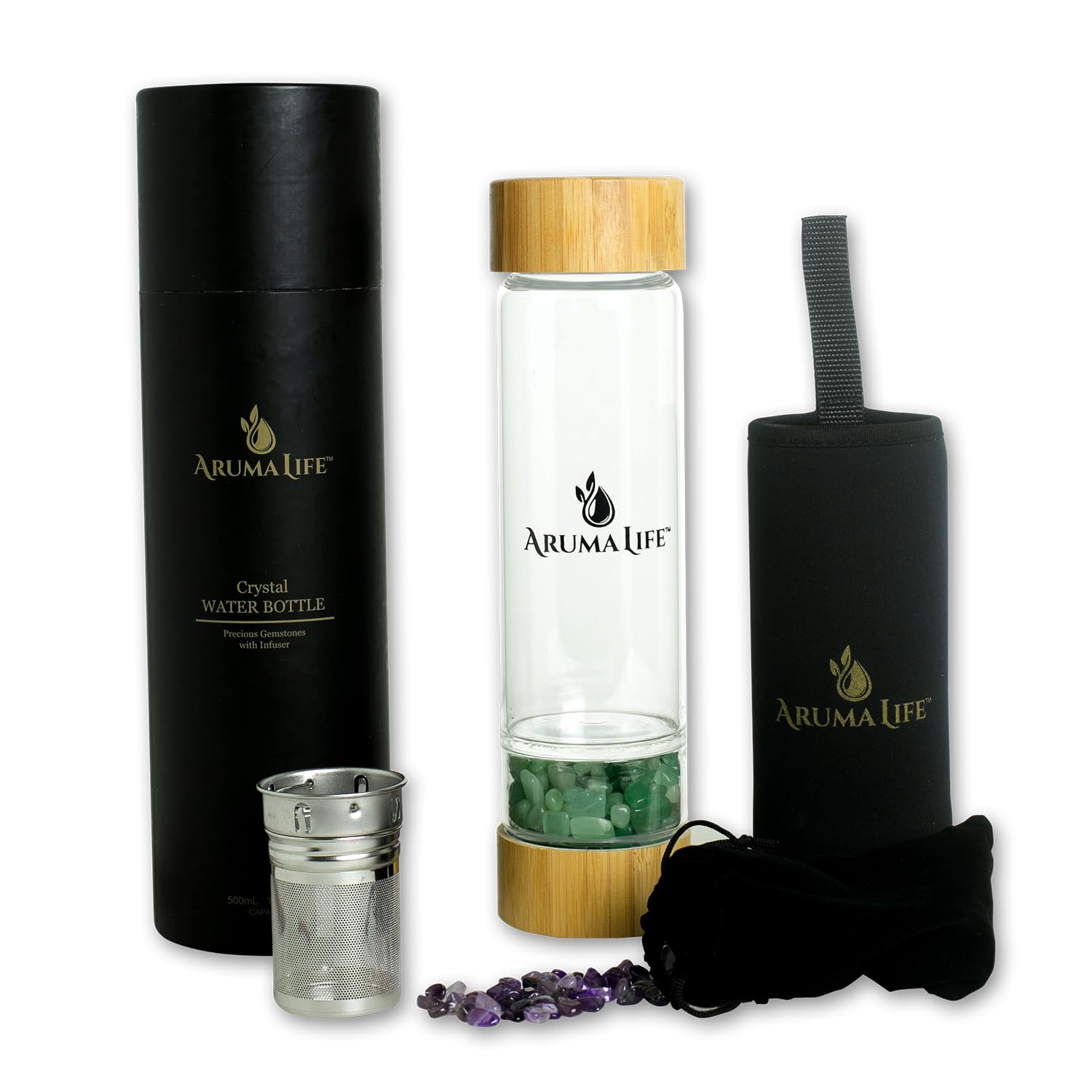 Crystal Water Bottle with a Loose-Leaf Tea or Fruit Infuser, Safe for Hot and Cold Drinks, Eco-friendly & Plus BONUS Protective Sleeve & Extra Set of Crystals (Aventurine & Amethyst)