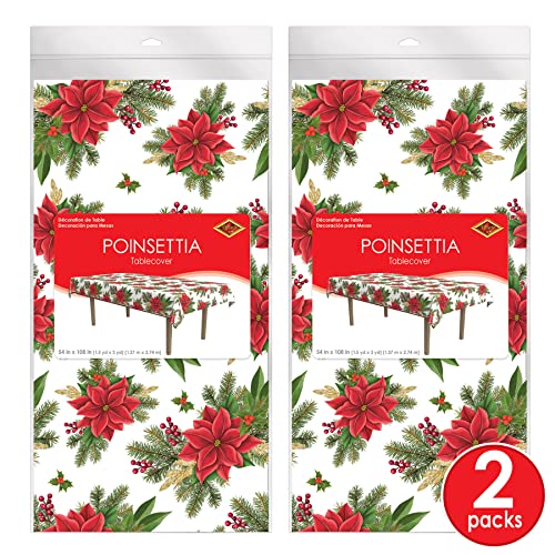 Image of Beistle Poinsettia Tablecovers, 54 inch x 108 inch, 2 Pieces - Plastic Table Cloth, Rectangular Tablecloth, Table Covers for Party, Holiday Party Supplies, Christmas Decorations
