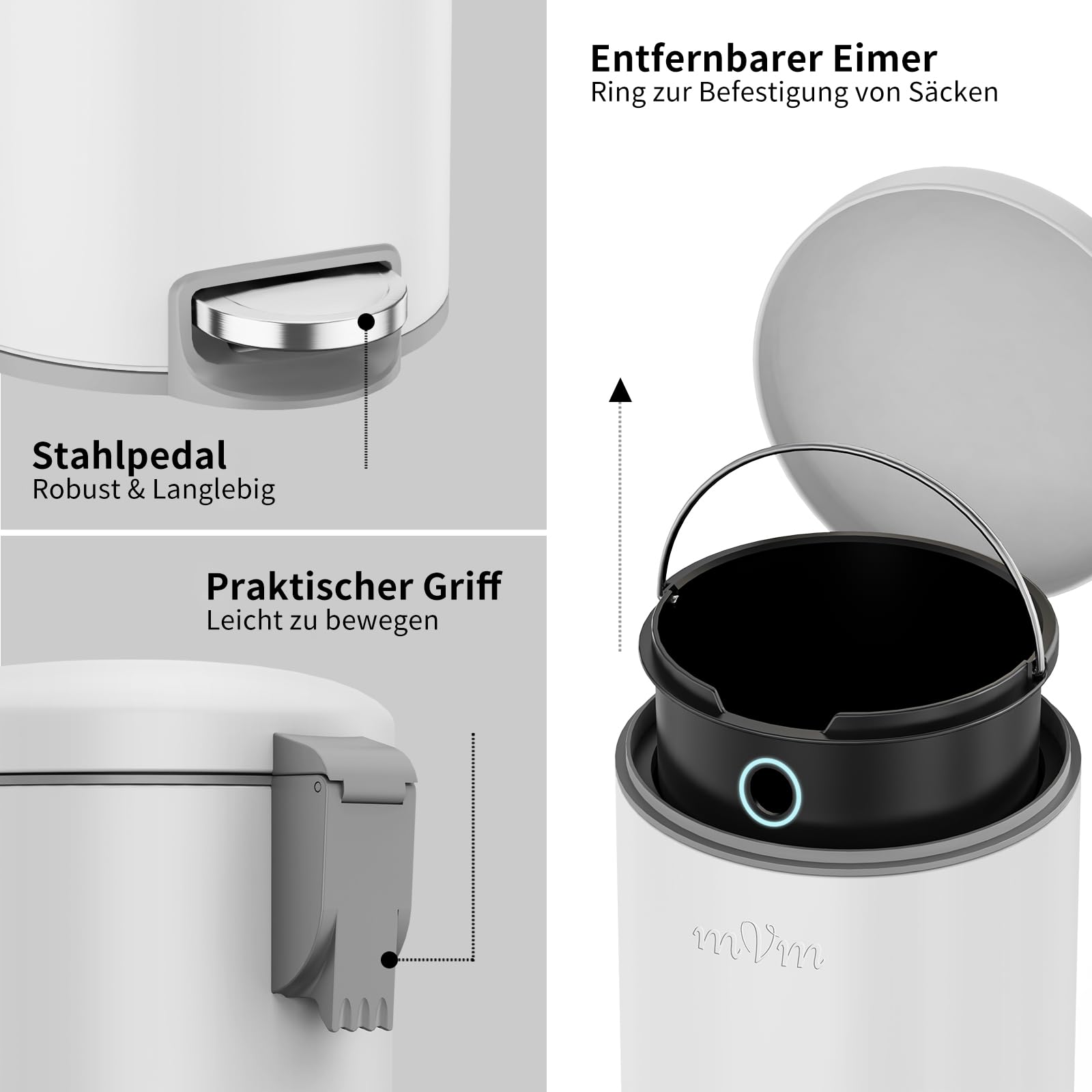 mVm Mülleimer Küche 20L, Mülleimer mit Deckel, Weiß | Soft-Close, Herausnehmbarem Inneneimer, Fingerabdrucksicher & Geruchsdicht, Edelstahl, für Küche, Haus und Büro, Badezimmer