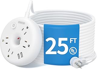Extra Long Extension Cord 25 ft, NTONPOWER Flat Plug Power Strip with USB Ports, 4 Outlet Desktop Charging Station, Compact Wall Mount, Circuit Breaker, Home Office, Dorm, Garage, Ideal for Old House