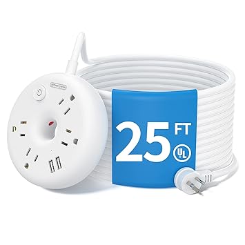 Extra Long Extension Cord 25 ft, NTONPOWER Flat Plug Power Strip with USB Ports, 4 Outlet Desktop Charging Station, Compact Wall Mount, Circuit Breaker, Home Office, Dorm, Garage, Ideal for Old House
