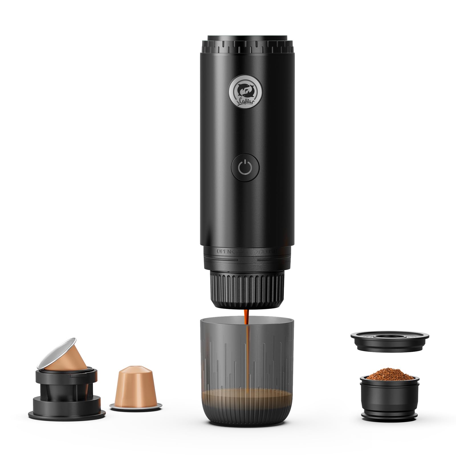 Cafetera espresso portátil con autocalentamiento, cafetera eléctrica de viaje de 19 bares para campamento y coche, mini máquina de espresso 2 en 1 compatible con cápsulas Nespresso y café molido