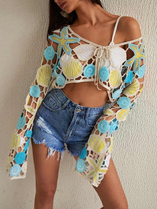 Handmade Crochet Beach Cover Up, Boho Floral Pattern, Turquoise and Coral, Long Sleeve