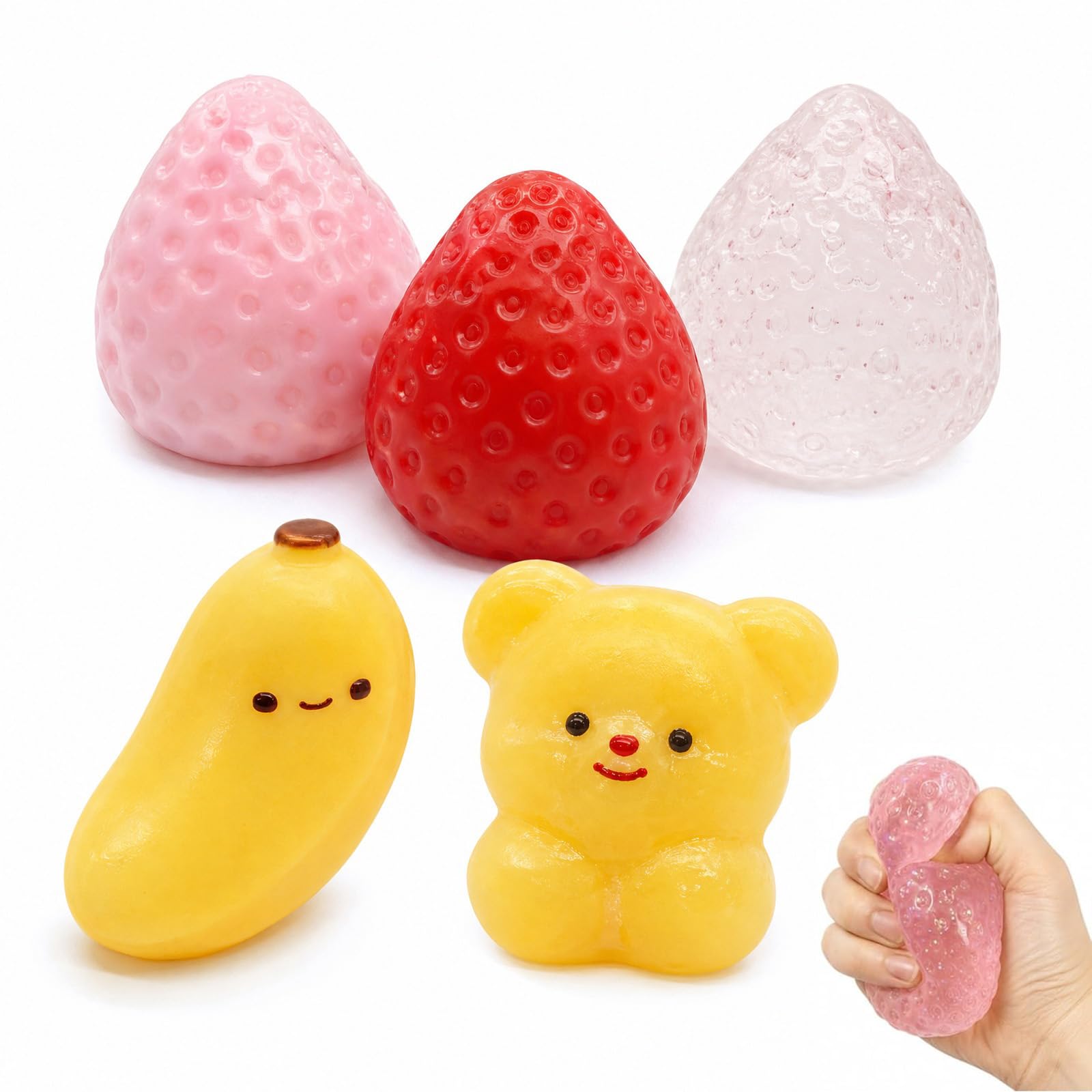 5PCS Squishy Strawberry, Fruit Squishy, Assorted Strawberry Banana and Bear Shaped Decor Pieces for Display Collectors and Styling Enthusiasts