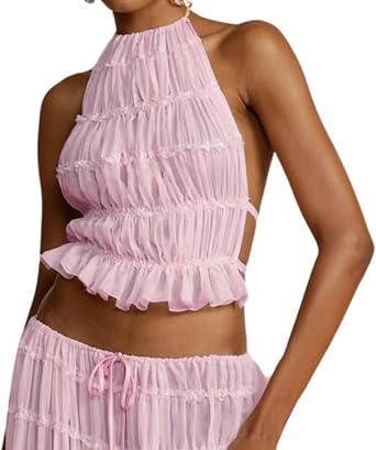 Women Sexy Open Back Halter Tops Tie Backless Ruched Ruffle Crop Tops Beach Vacation Going Out Top Pink, M